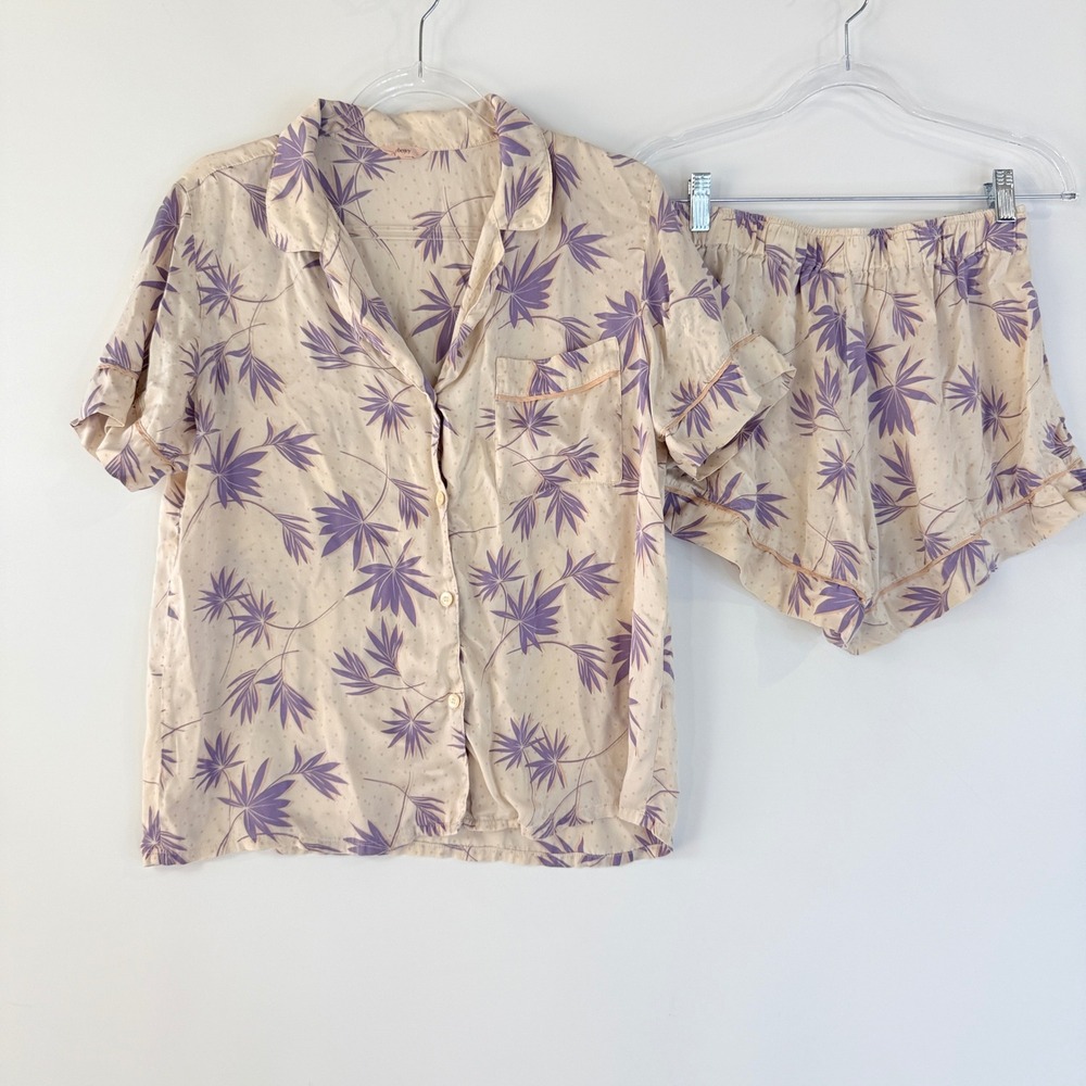 Eberjey Pajama Set Women S Cream Purple 100% Silk Botanical Leaf Ruffle 2pc